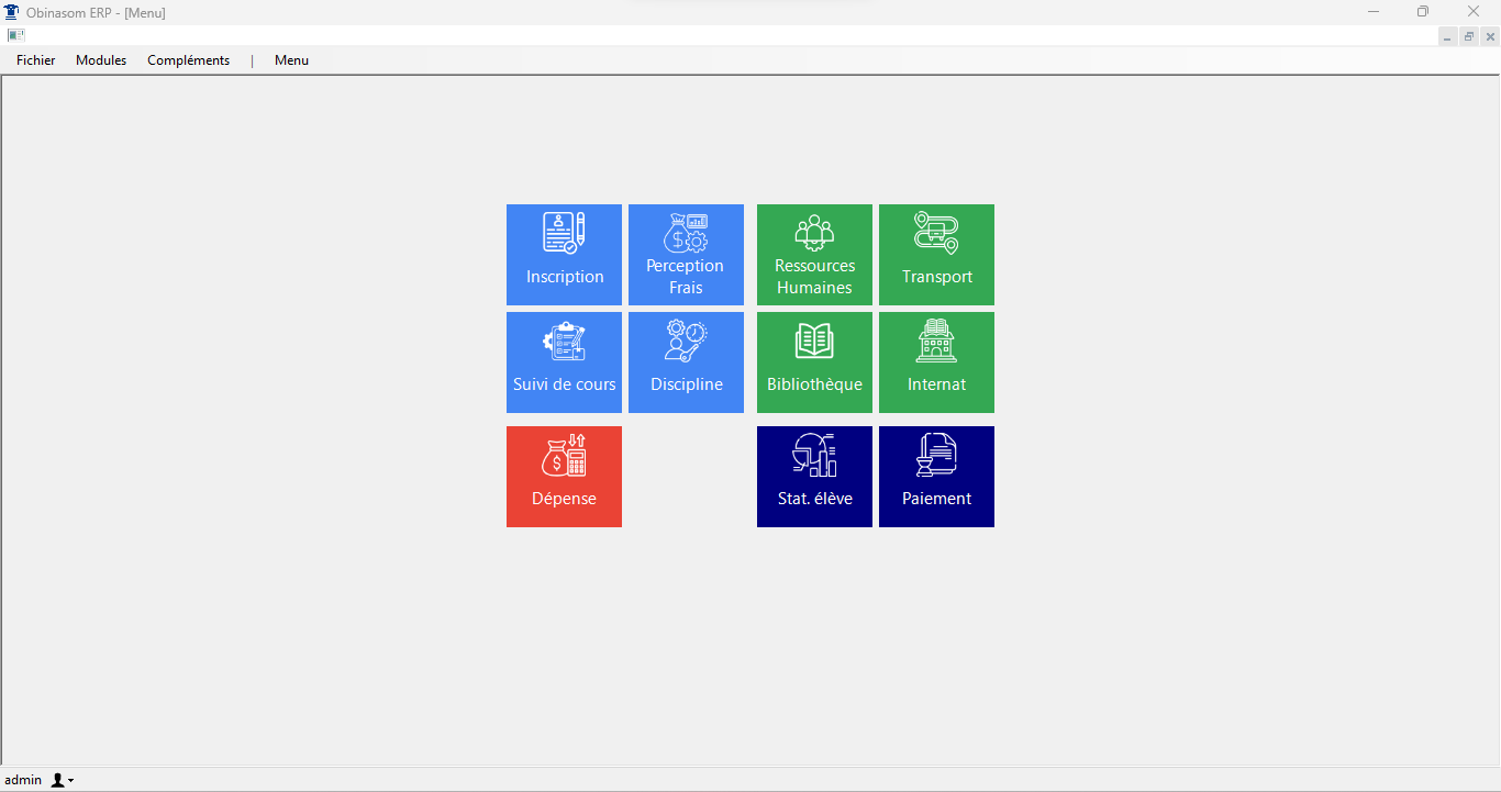 Menu principal d’Obinasom ERP : une tuile par module